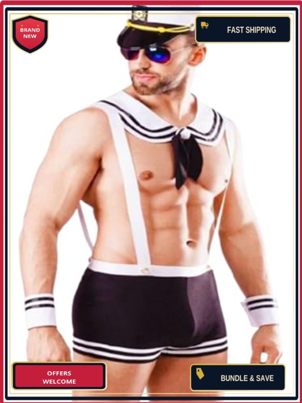 Men's Sexy Sailor Costume Set Polyester Spandex Suspender Shorts Collar Cuffs
